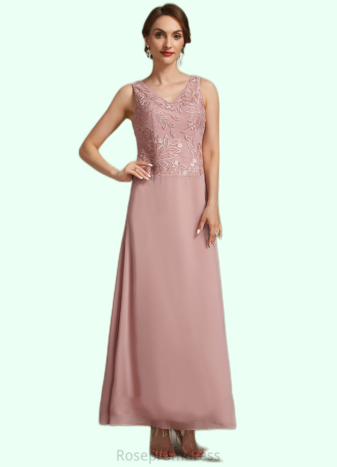 Emilie A-Line V-neck Ankle-Length Chiffon Lace Mother of the Bride Dress With Beading Sequins SRS126P0014784