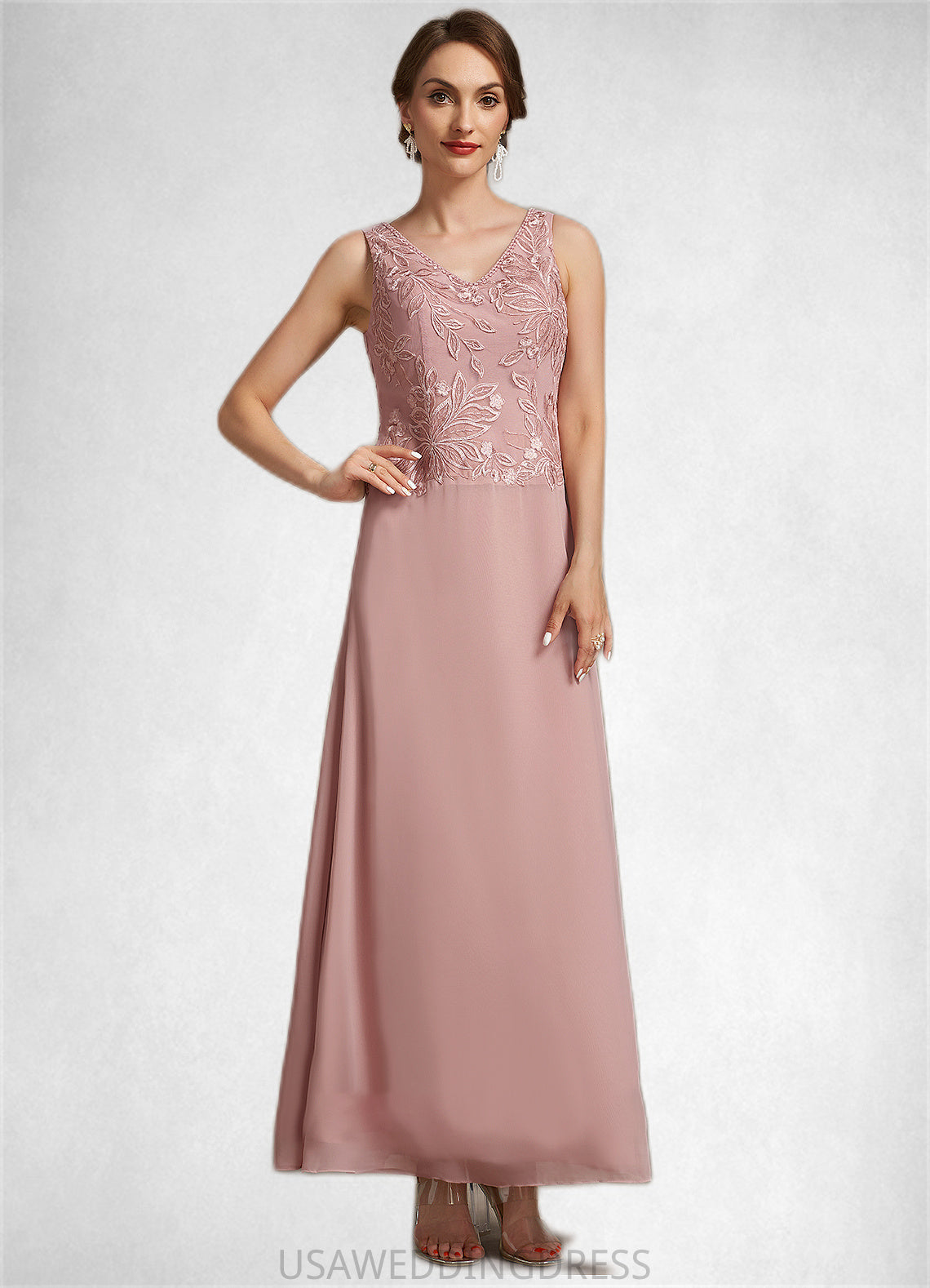 Janet A-Line V-neck Ankle-Length Chiffon Lace Mother of the Bride Dress With Beading Sequins DS126P0014784