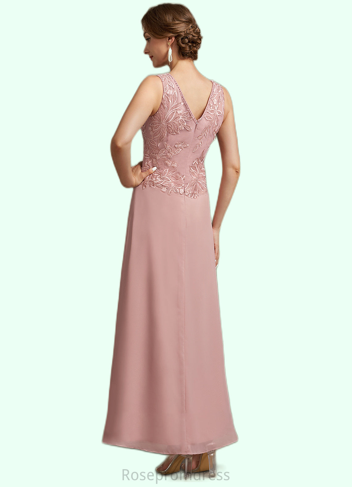 Emilie A-Line V-neck Ankle-Length Chiffon Lace Mother of the Bride Dress With Beading Sequins SRS126P0014784