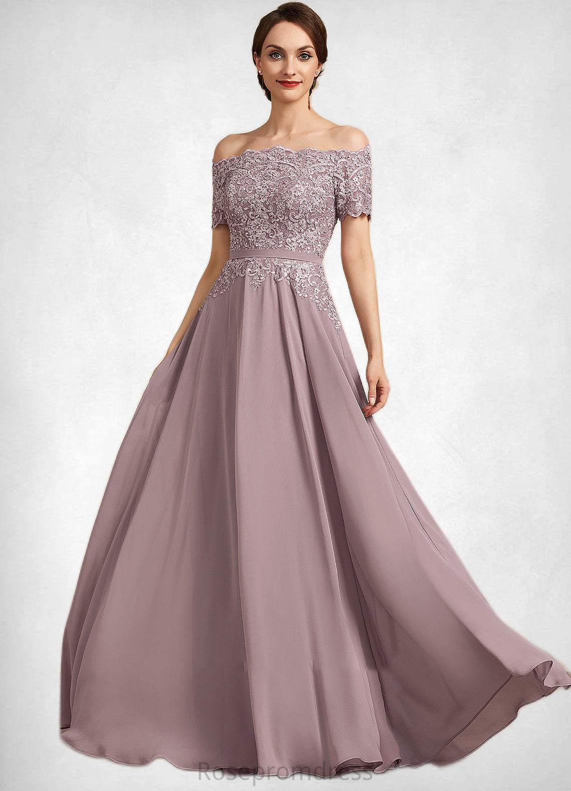 Haylie A-Line Off-the-Shoulder Floor-Length Chiffon Lace Mother of the Bride Dress With Beading Sequins SRS126P0014785