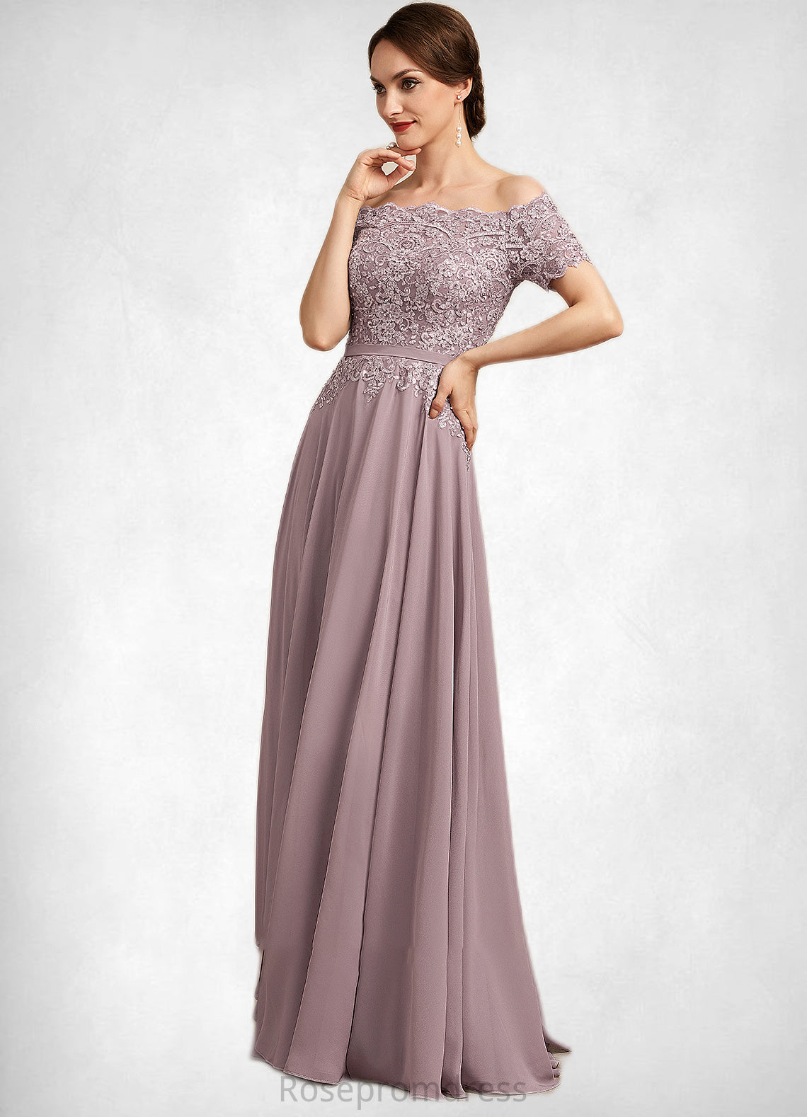 Haylie A-Line Off-the-Shoulder Floor-Length Chiffon Lace Mother of the Bride Dress With Beading Sequins SRS126P0014785