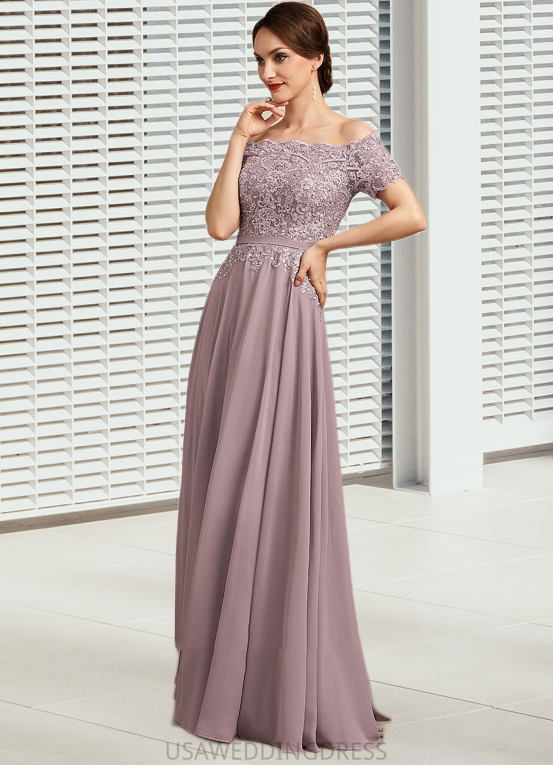 Lailah A-Line Off-the-Shoulder Floor-Length Chiffon Lace Mother of the Bride Dress With Beading Sequins DS126P0014785