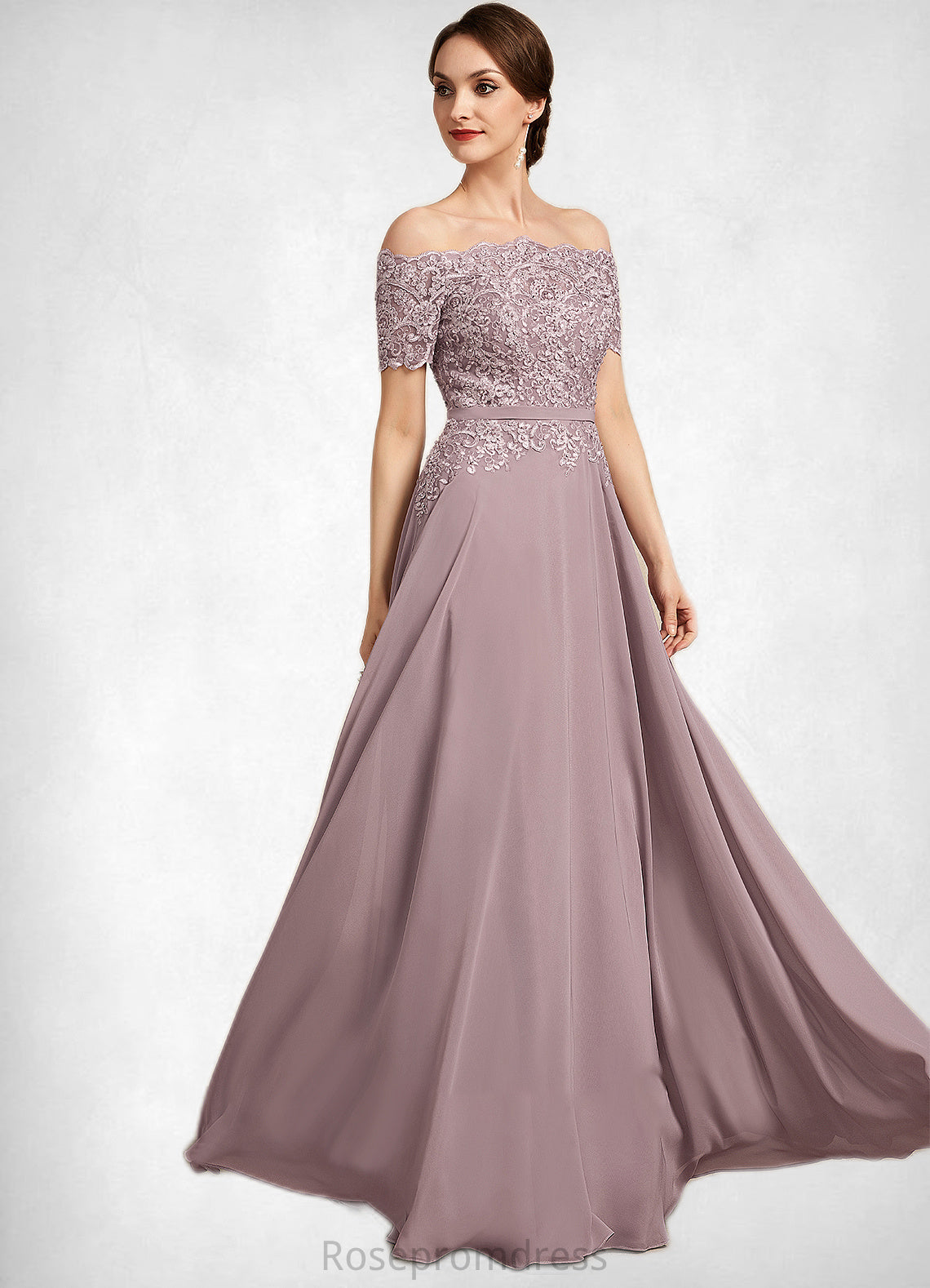 Haylie A-Line Off-the-Shoulder Floor-Length Chiffon Lace Mother of the Bride Dress With Beading Sequins SRS126P0014785