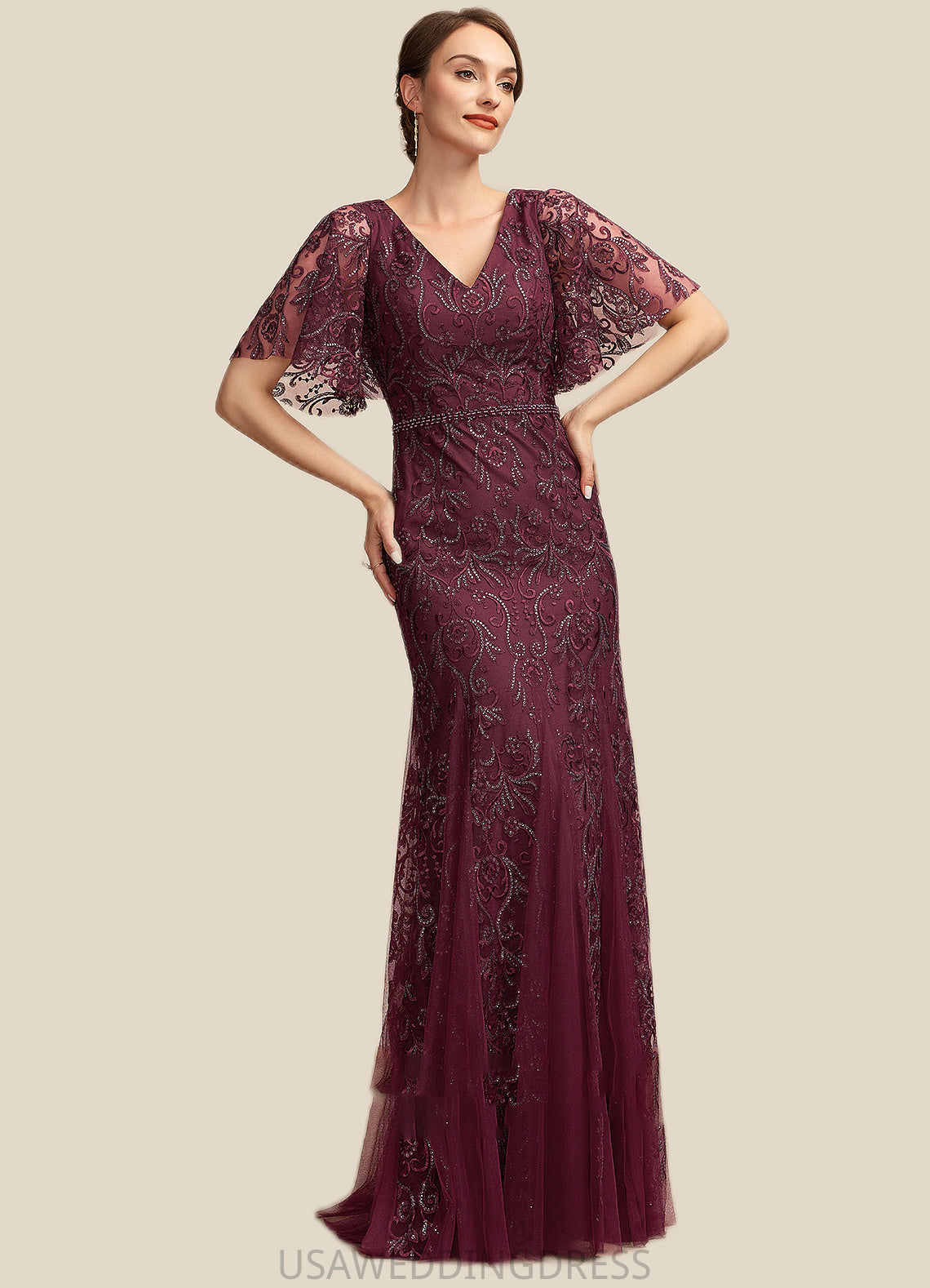 Lillian Trumpet/Mermaid V-neck Floor-Length Tulle Lace Mother of the Bride Dress With Beading Sequins DS126P0014786