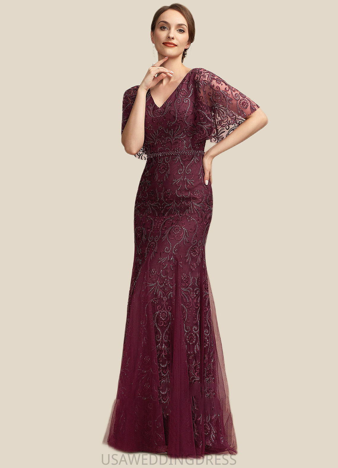 Lillian Trumpet/Mermaid V-neck Floor-Length Tulle Lace Mother of the Bride Dress With Beading Sequins DS126P0014786