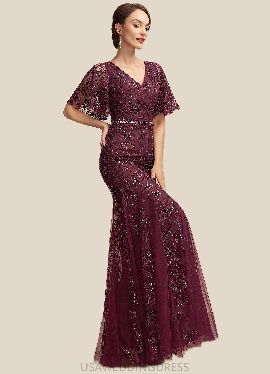 Lillian Trumpet/Mermaid V-neck Floor-Length Tulle Lace Mother of the Bride Dress With Beading Sequins DS126P0014786