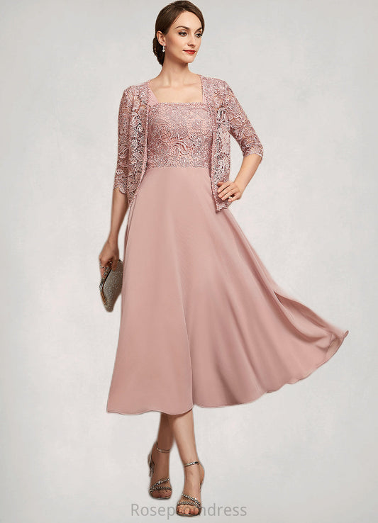 Shelby A-Line Square Neckline Tea-Length Chiffon Lace Mother of the Bride Dress With Beading Sequins SRS126P0014789