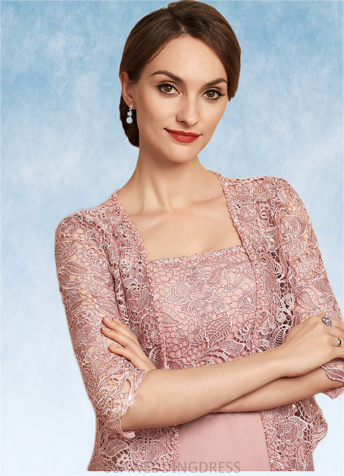 Makenna A-Line Square Neckline Tea-Length Chiffon Lace Mother of the Bride Dress With Beading Sequins DS126P0014789