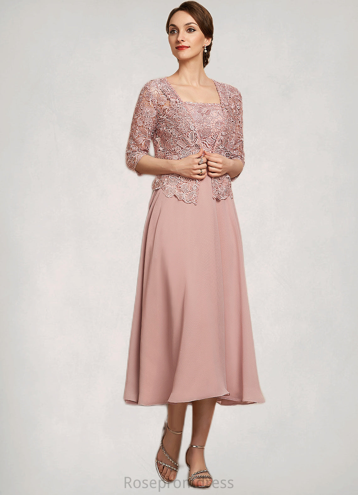 Shelby A-Line Square Neckline Tea-Length Chiffon Lace Mother of the Bride Dress With Beading Sequins SRS126P0014789