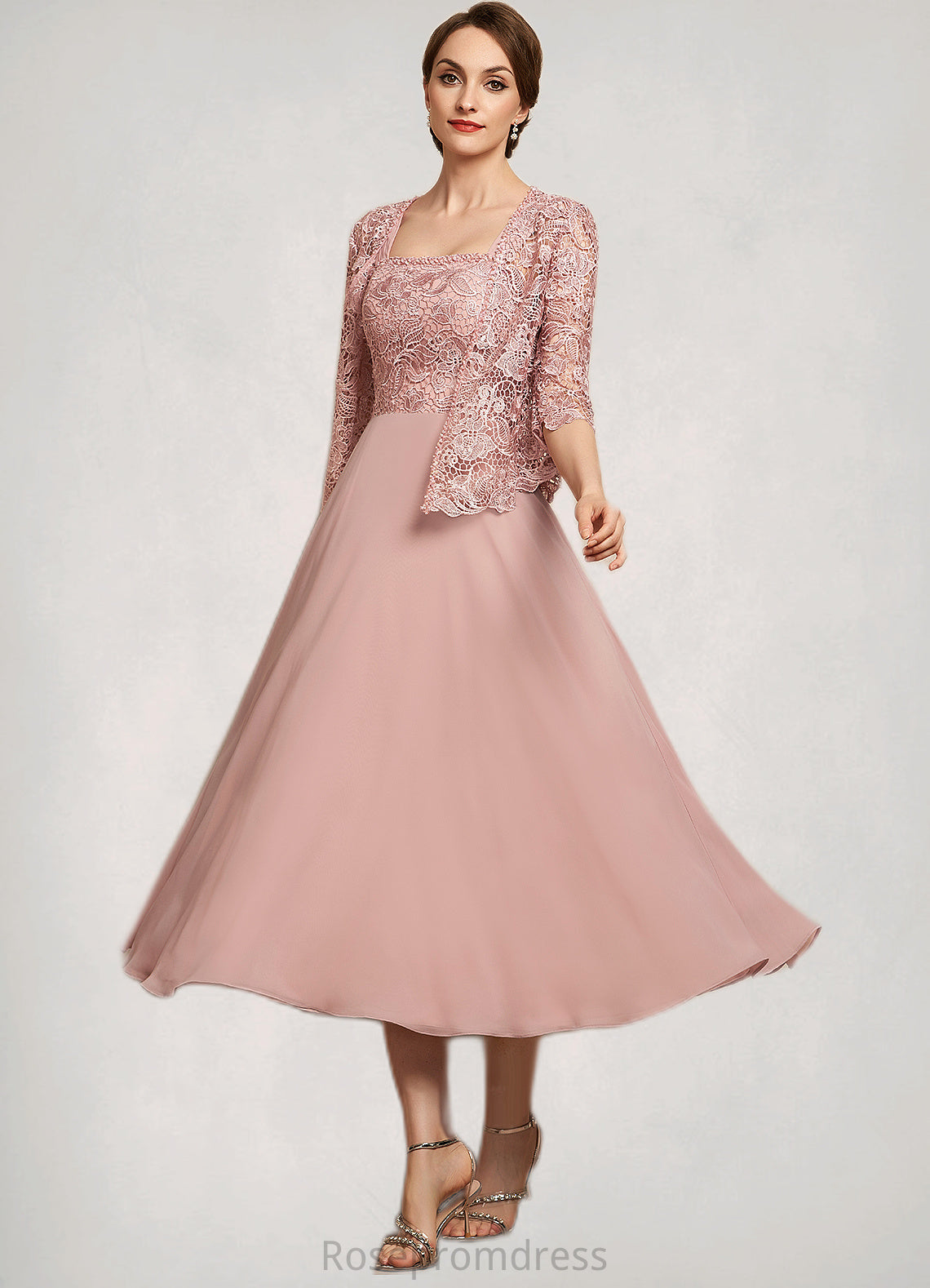 Shelby A-Line Square Neckline Tea-Length Chiffon Lace Mother of the Bride Dress With Beading Sequins SRS126P0014789