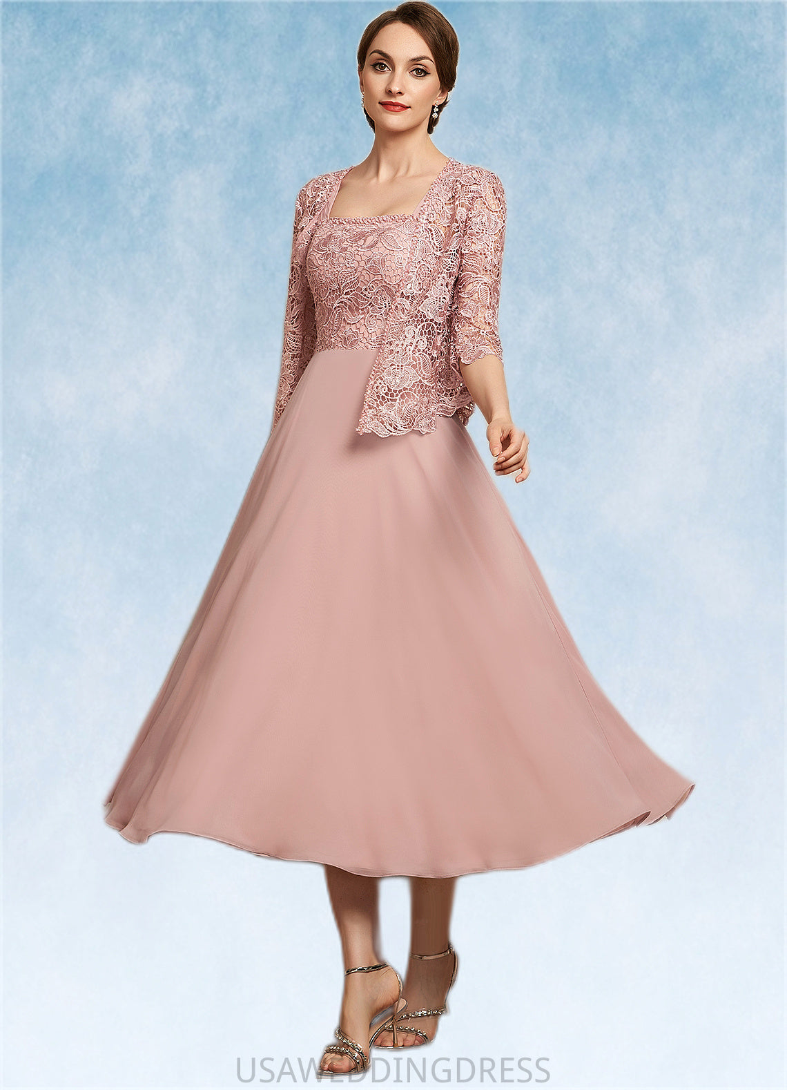 Makenna A-Line Square Neckline Tea-Length Chiffon Lace Mother of the Bride Dress With Beading Sequins DS126P0014789