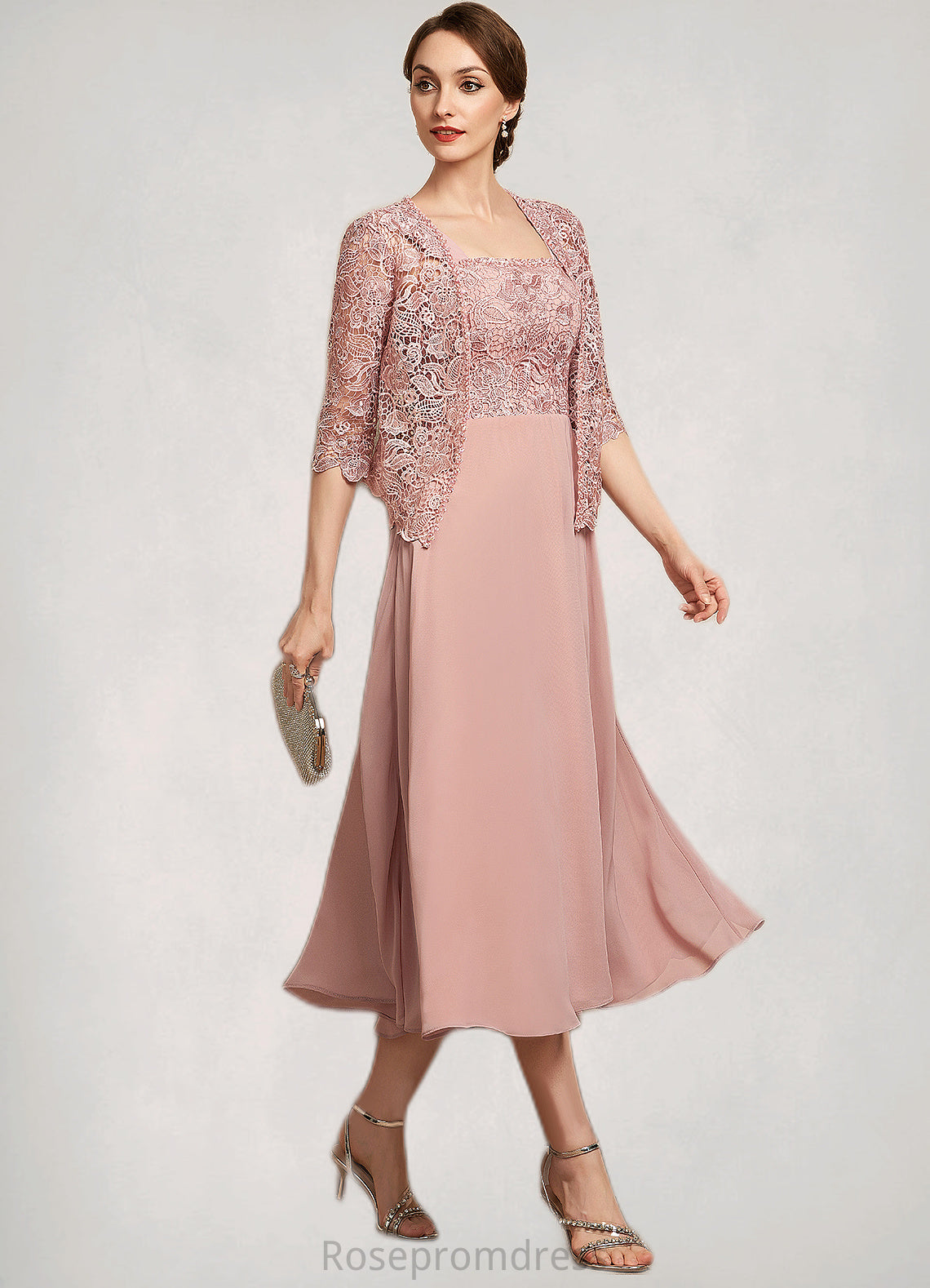 Shelby A-Line Square Neckline Tea-Length Chiffon Lace Mother of the Bride Dress With Beading Sequins SRS126P0014789