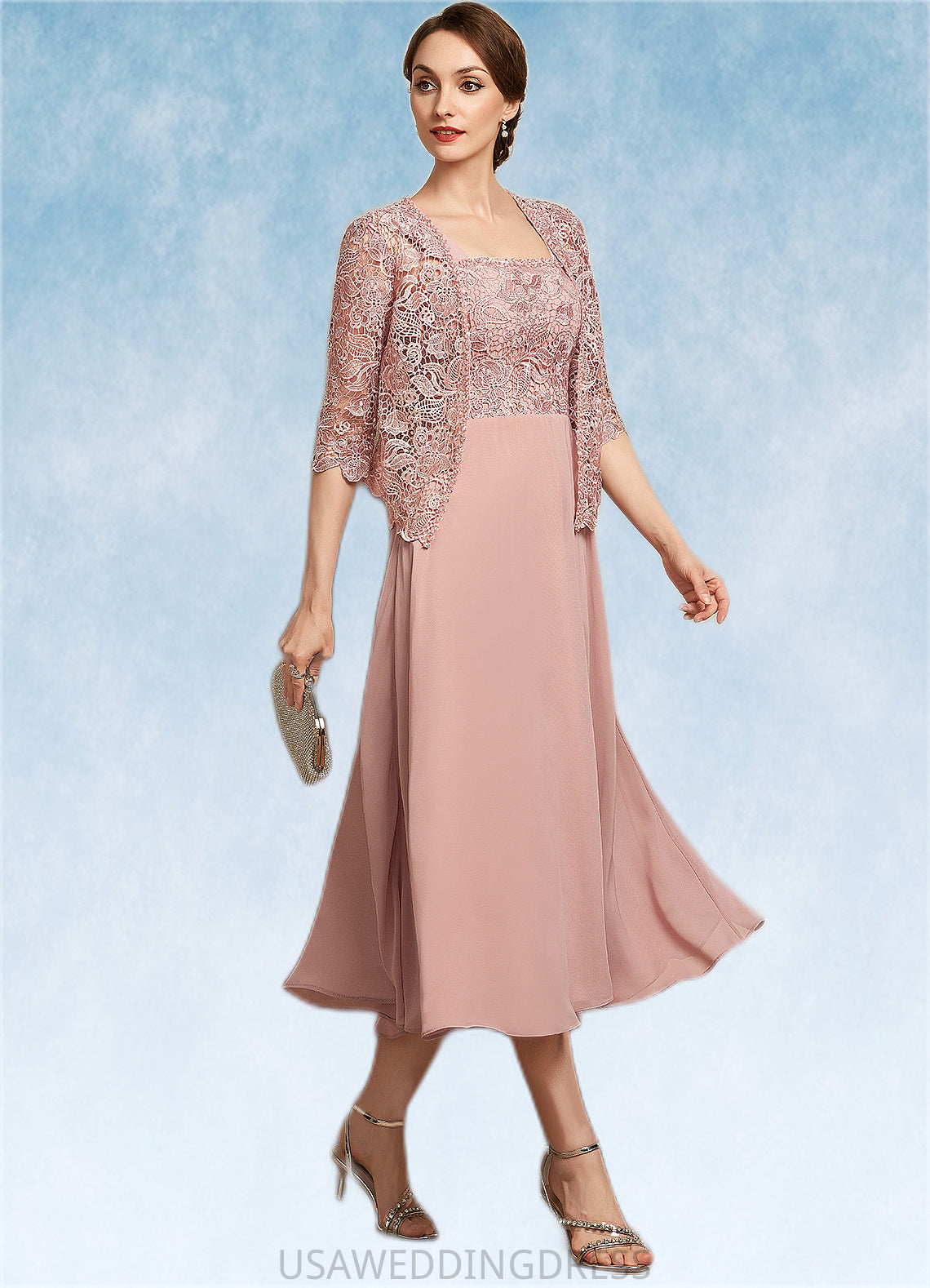Makenna A-Line Square Neckline Tea-Length Chiffon Lace Mother of the Bride Dress With Beading Sequins DS126P0014789