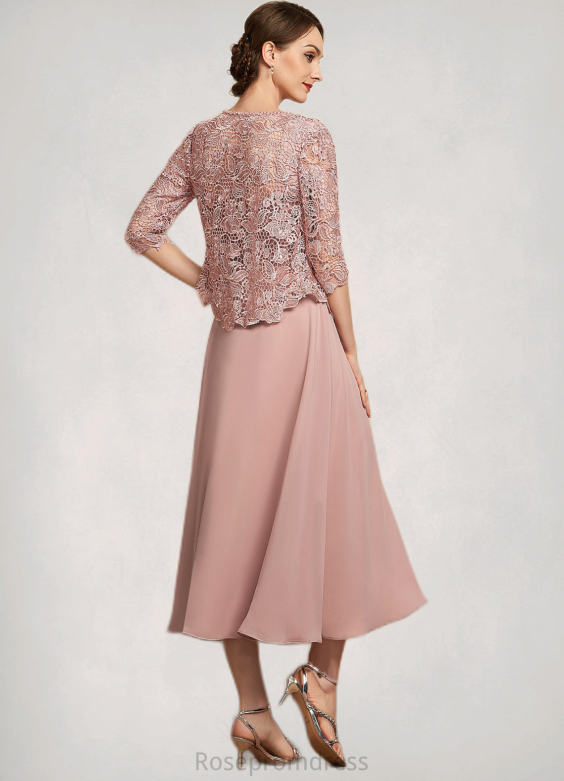 Shelby A-Line Square Neckline Tea-Length Chiffon Lace Mother of the Bride Dress With Beading Sequins SRS126P0014789
