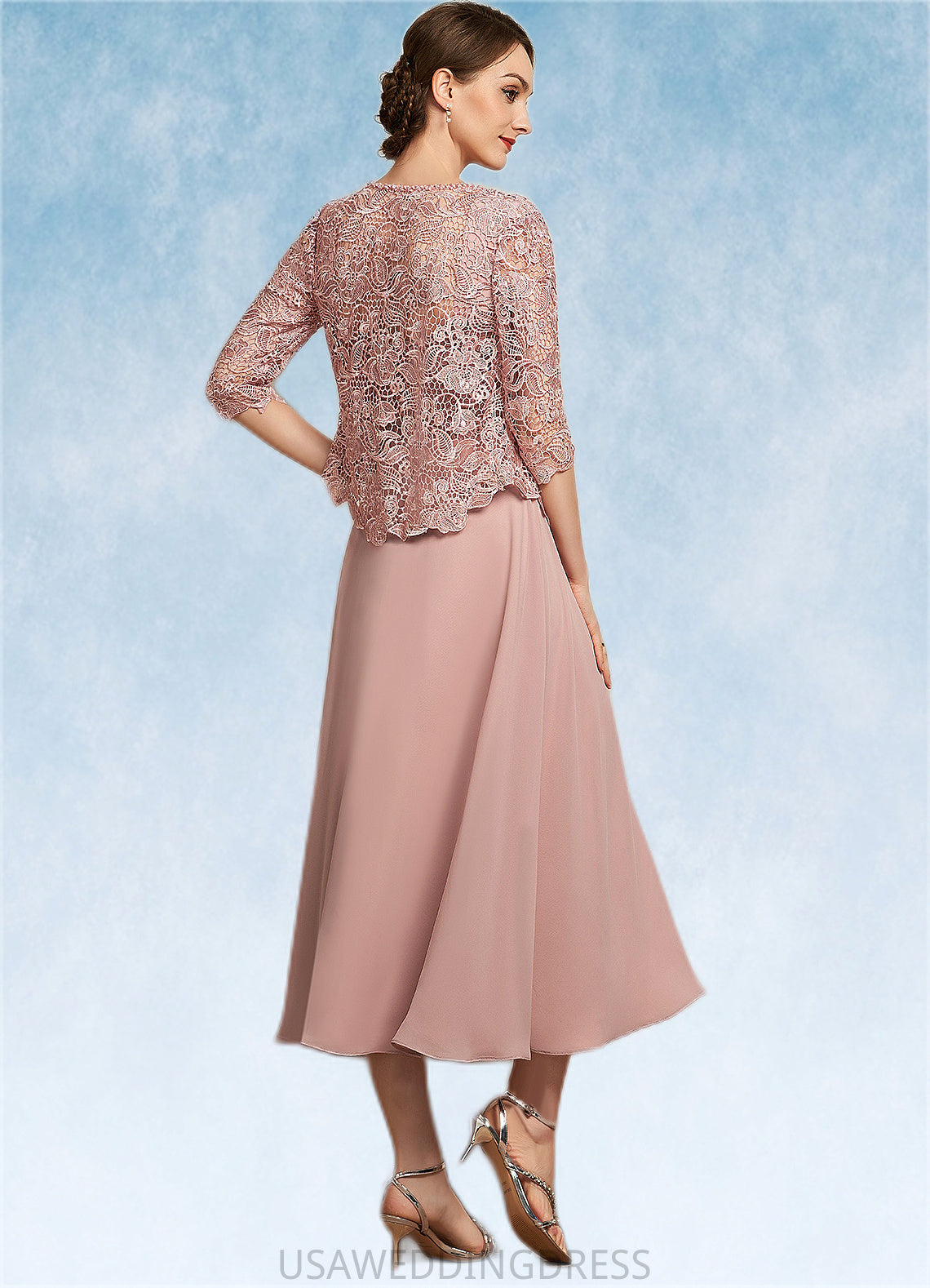 Makenna A-Line Square Neckline Tea-Length Chiffon Lace Mother of the Bride Dress With Beading Sequins DS126P0014789