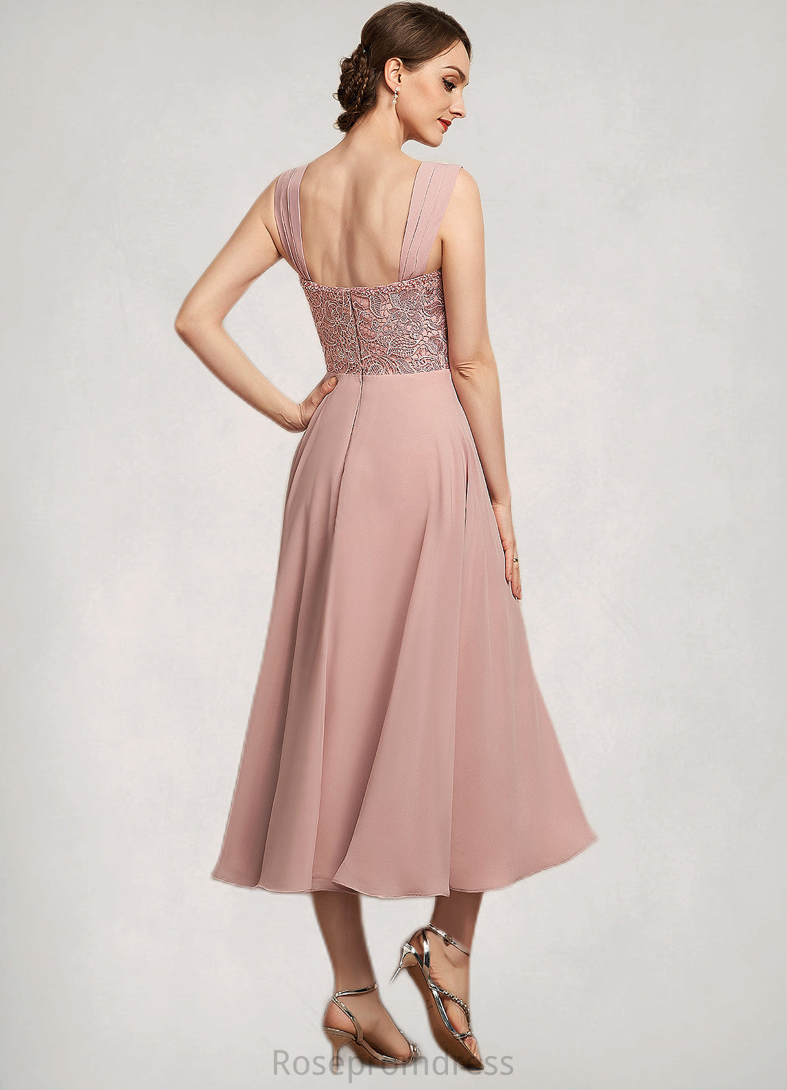 Shelby A-Line Square Neckline Tea-Length Chiffon Lace Mother of the Bride Dress With Beading Sequins SRS126P0014789
