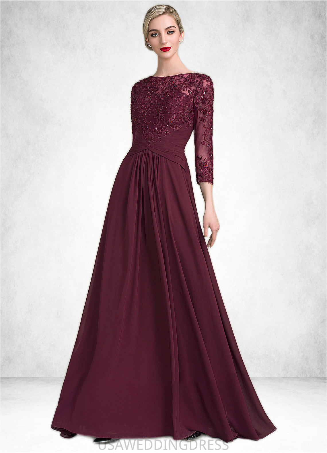 Hadley A-Line Scoop Neck Floor-Length Chiffon Lace Mother of the Bride Dress With Ruffle Beading Sequins DS126P0014792
