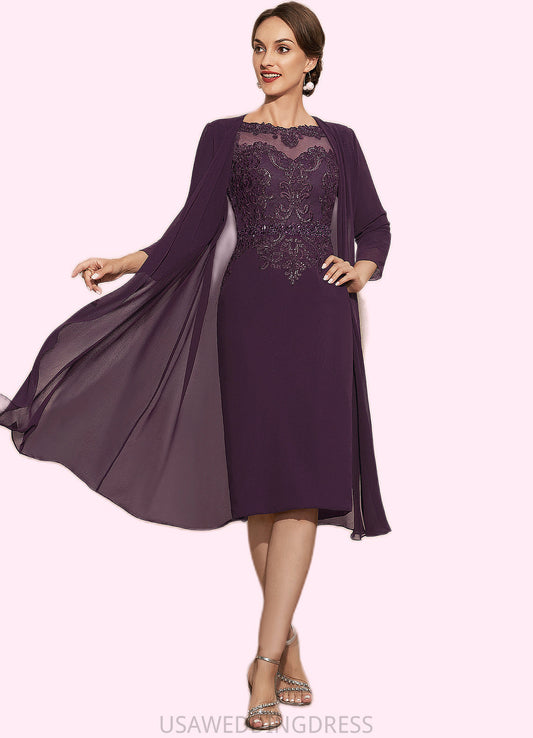 Adyson Sheath/Column Scoop Neck Knee-Length Chiffon Lace Mother of the Bride Dress With Beading DS126P0014794