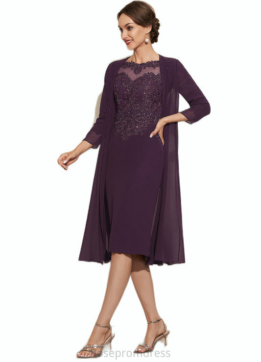 Josephine Sheath/Column Scoop Neck Knee-Length Chiffon Lace Mother of the Bride Dress With Beading SRS126P0014794