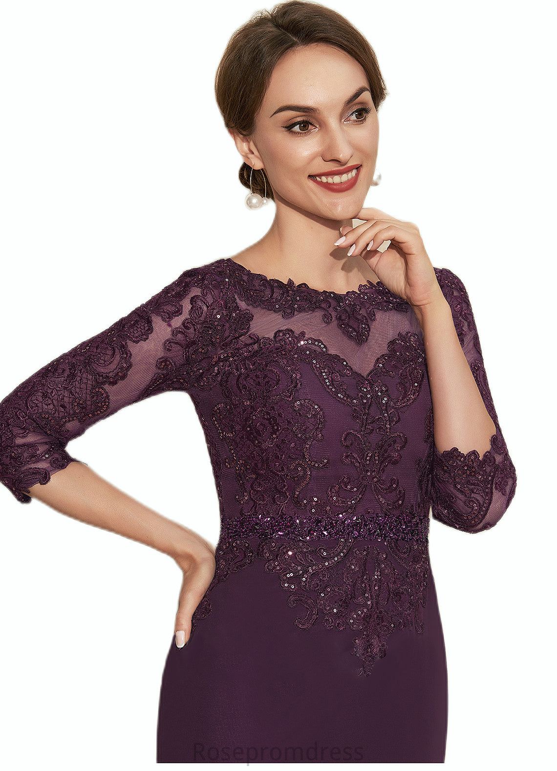 Josephine Sheath/Column Scoop Neck Knee-Length Chiffon Lace Mother of the Bride Dress With Beading SRS126P0014794