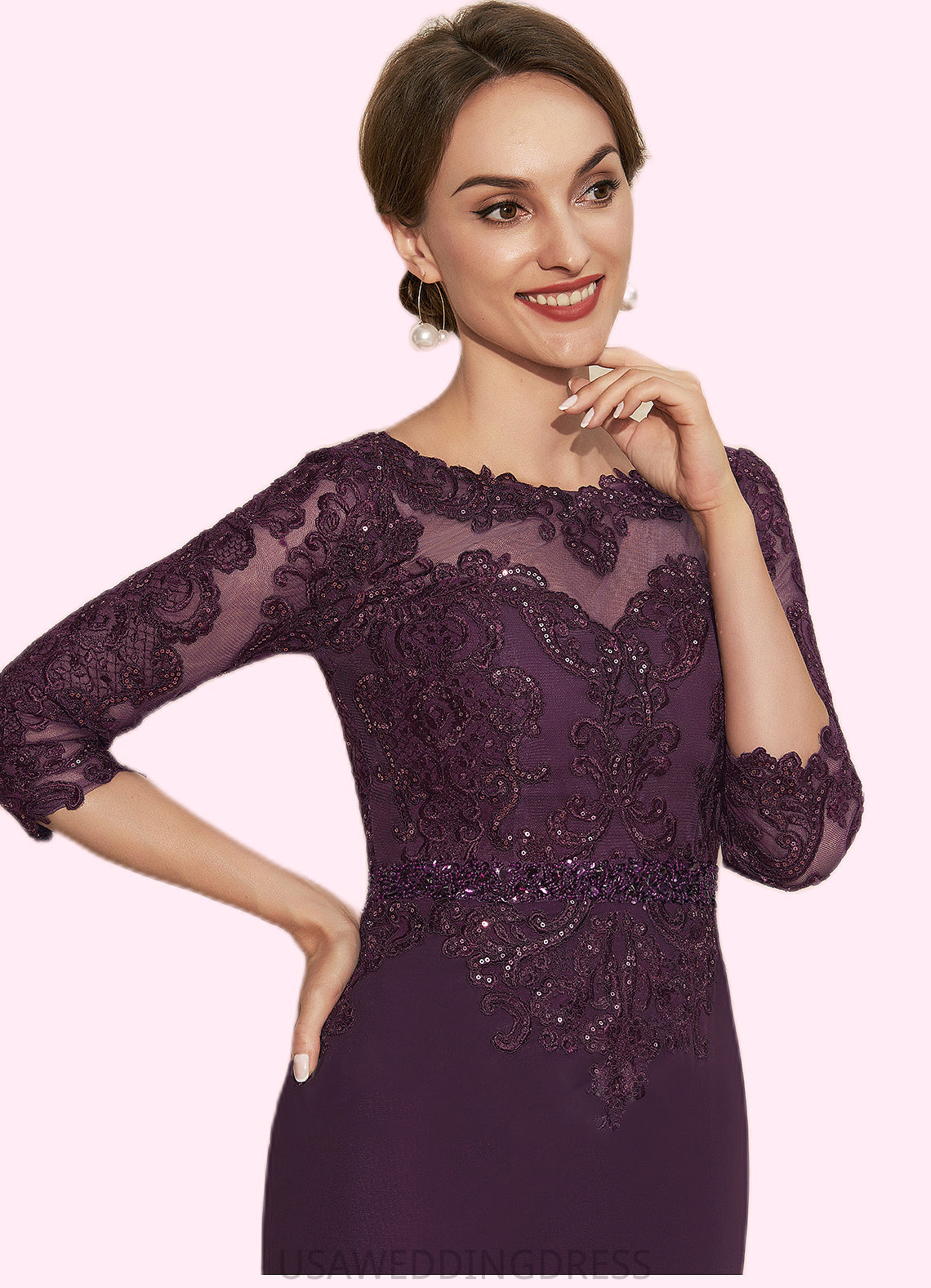 Adyson Sheath/Column Scoop Neck Knee-Length Chiffon Lace Mother of the Bride Dress With Beading DS126P0014794