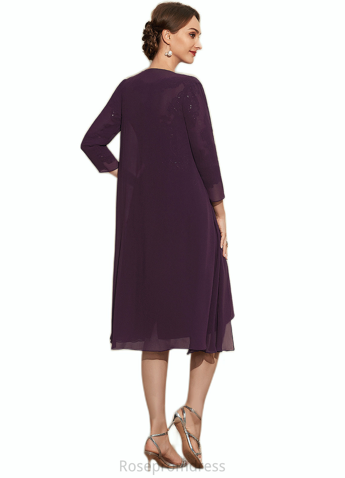 Josephine Sheath/Column Scoop Neck Knee-Length Chiffon Lace Mother of the Bride Dress With Beading SRS126P0014794
