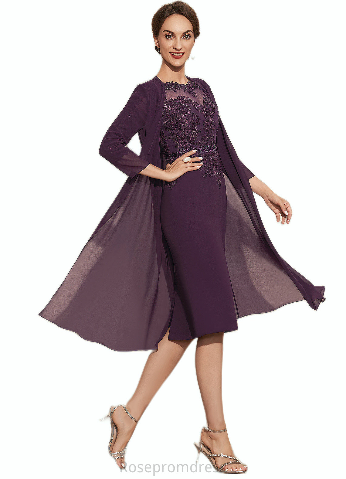 Josephine Sheath/Column Scoop Neck Knee-Length Chiffon Lace Mother of the Bride Dress With Beading SRS126P0014794