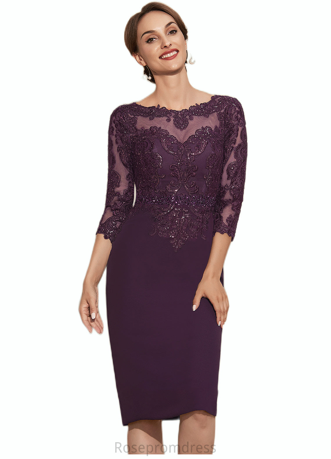 Josephine Sheath/Column Scoop Neck Knee-Length Chiffon Lace Mother of the Bride Dress With Beading SRS126P0014794