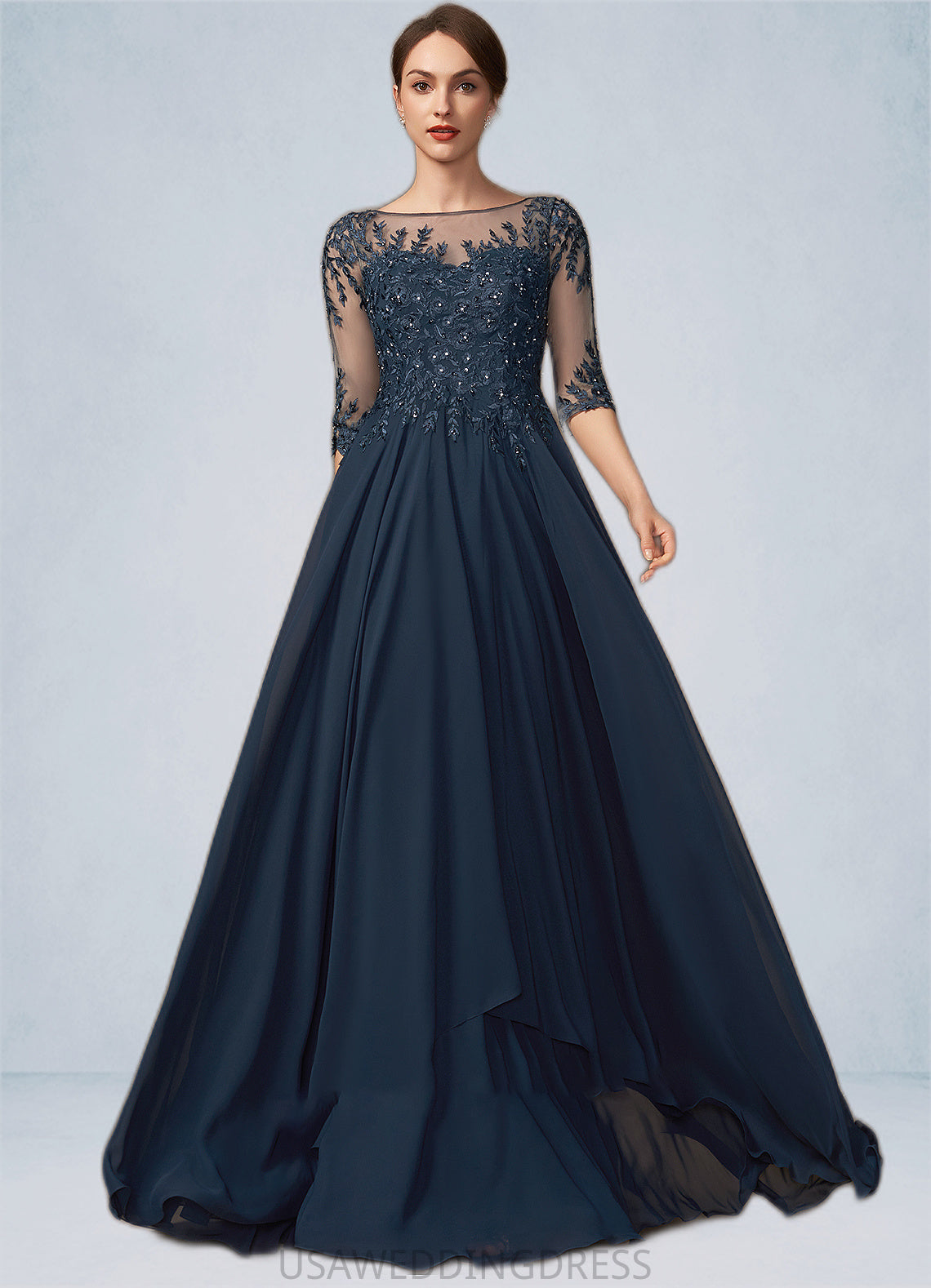 Jode A-Line Scoop Neck Floor-Length Chiffon Lace Mother of the Bride Dress With Beading Sequins DS126P0014795