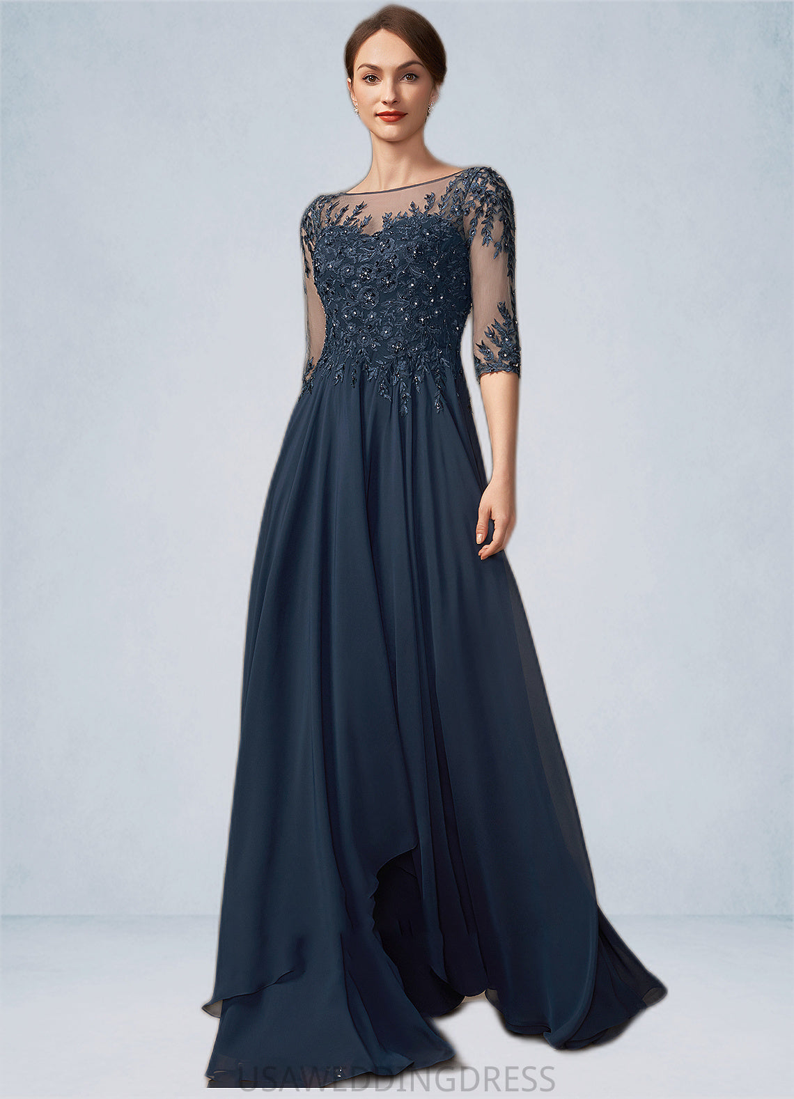 Jode A-Line Scoop Neck Floor-Length Chiffon Lace Mother of the Bride Dress With Beading Sequins DS126P0014795