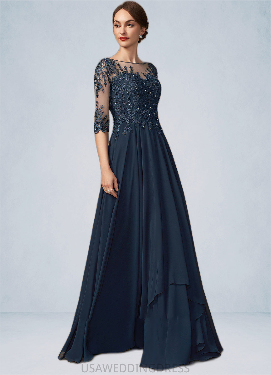 Jode A-Line Scoop Neck Floor-Length Chiffon Lace Mother of the Bride Dress With Beading Sequins DS126P0014795