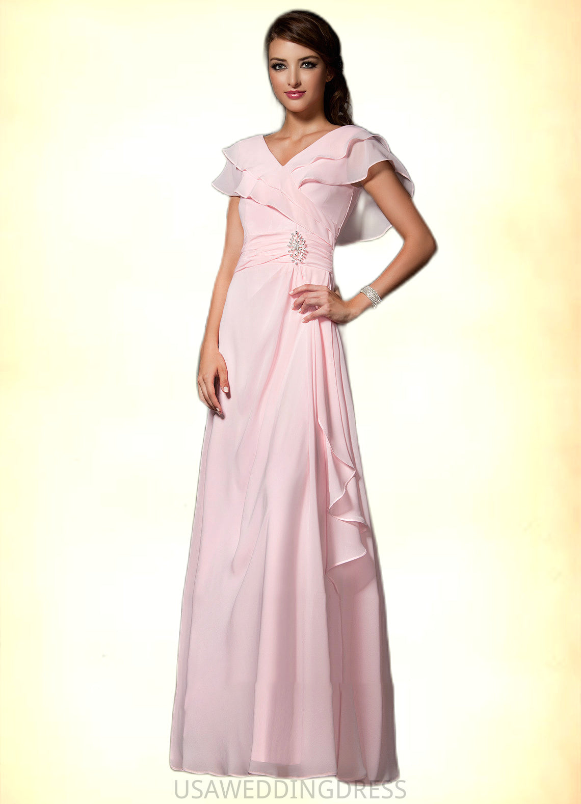 Armani A-Line V-neck Floor-Length Chiffon Mother of the Bride Dress With Crystal Brooch Cascading Ruffles DS126P0014796