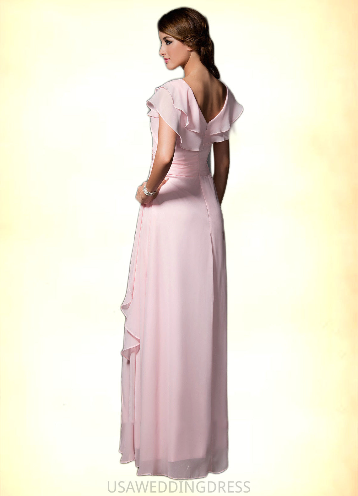 Armani A-Line V-neck Floor-Length Chiffon Mother of the Bride Dress With Crystal Brooch Cascading Ruffles DS126P0014796