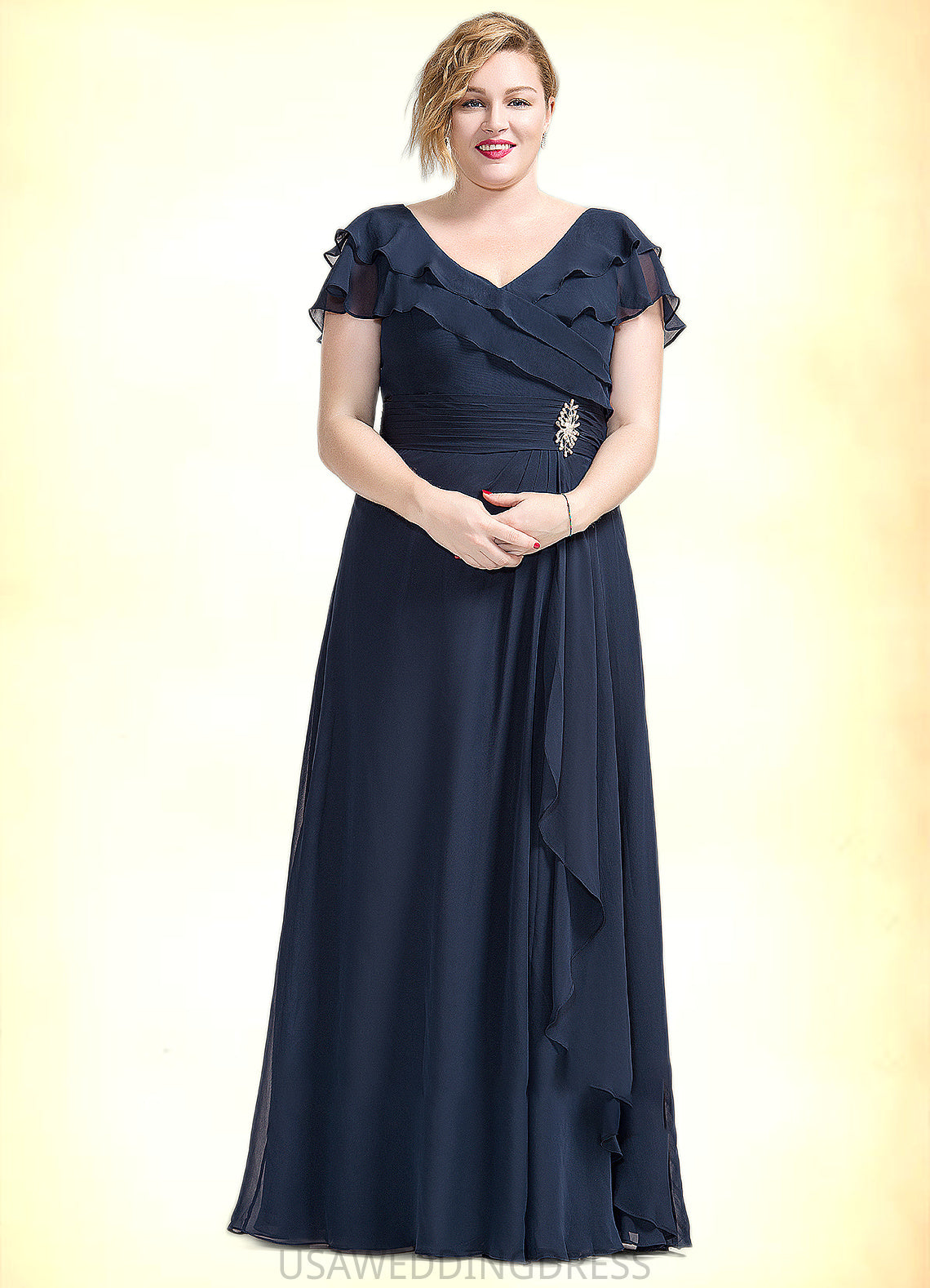Armani A-Line V-neck Floor-Length Chiffon Mother of the Bride Dress With Crystal Brooch Cascading Ruffles DS126P0014796