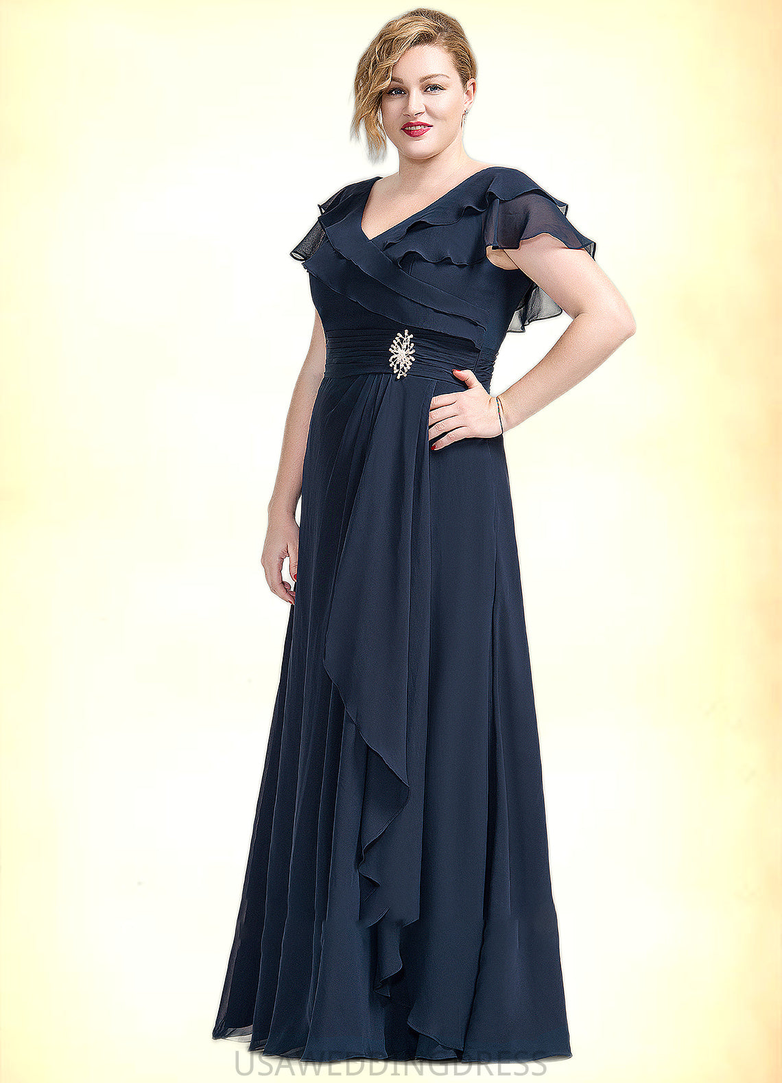 Armani A-Line V-neck Floor-Length Chiffon Mother of the Bride Dress With Crystal Brooch Cascading Ruffles DS126P0014796
