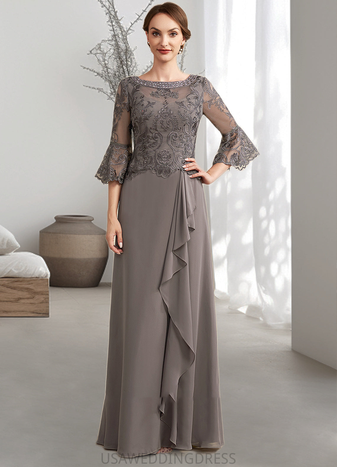Alma A-Line Scoop Neck Floor-Length Chiffon Lace Mother of the Bride Dress With Beading Cascading Ruffles DS126P0014797