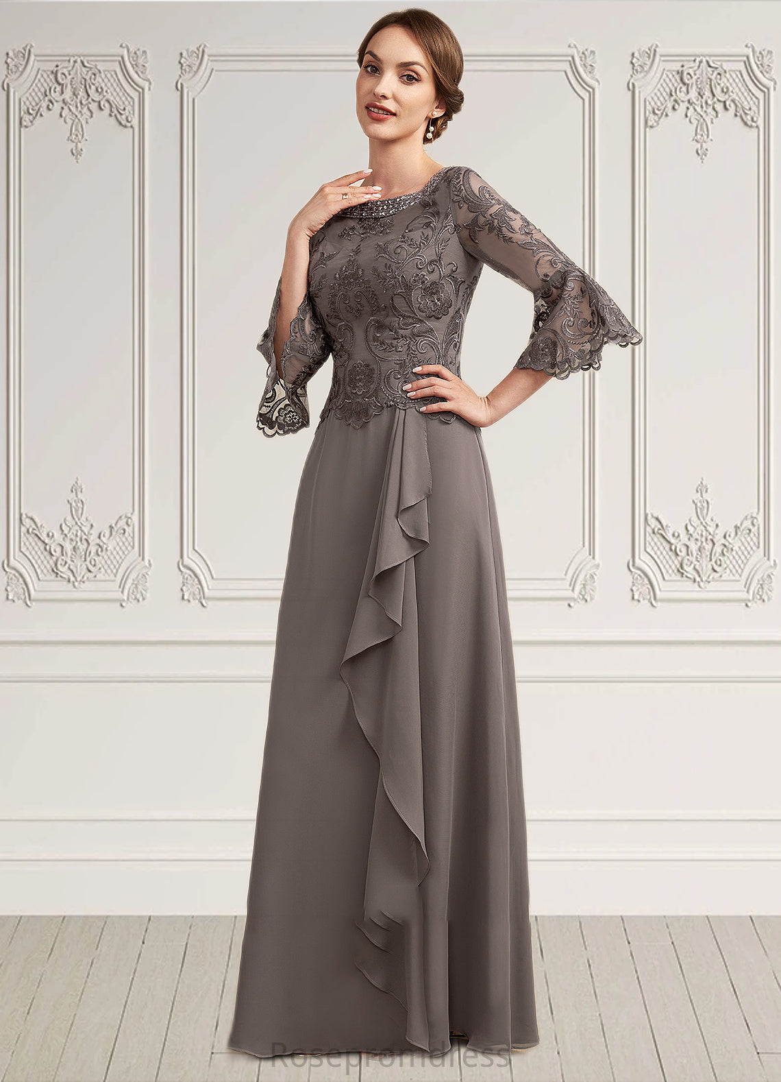 Hazel A-Line Scoop Neck Floor-Length Chiffon Lace Mother of the Bride Dress With Beading Cascading Ruffles SRS126P0014797