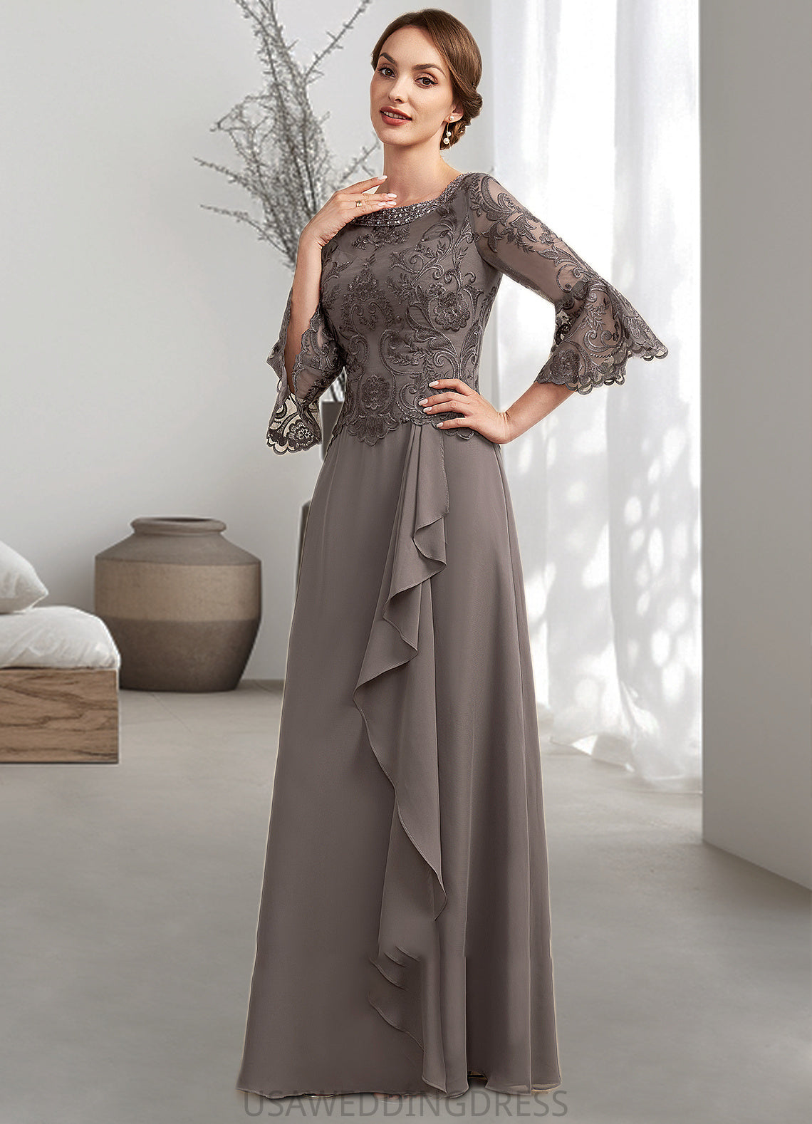 Alma A-Line Scoop Neck Floor-Length Chiffon Lace Mother of the Bride Dress With Beading Cascading Ruffles DS126P0014797