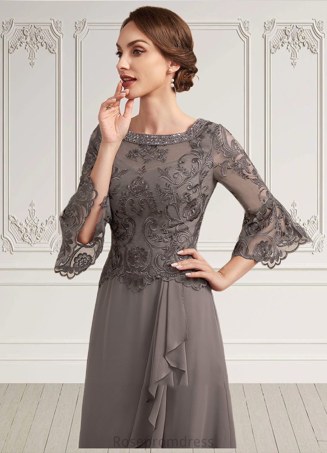 Hazel A-Line Scoop Neck Floor-Length Chiffon Lace Mother of the Bride Dress With Beading Cascading Ruffles SRS126P0014797