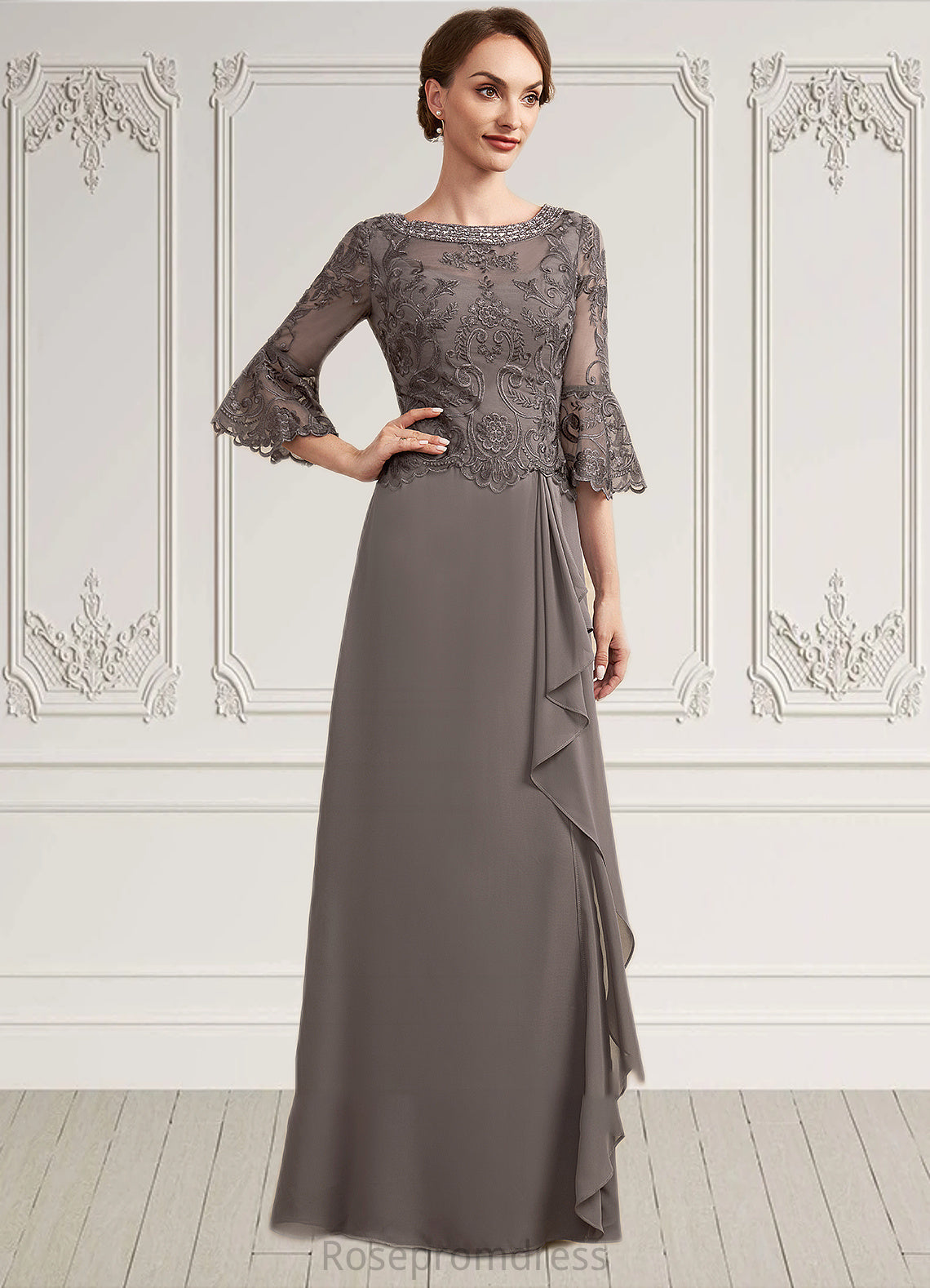 Hazel A-Line Scoop Neck Floor-Length Chiffon Lace Mother of the Bride Dress With Beading Cascading Ruffles SRS126P0014797