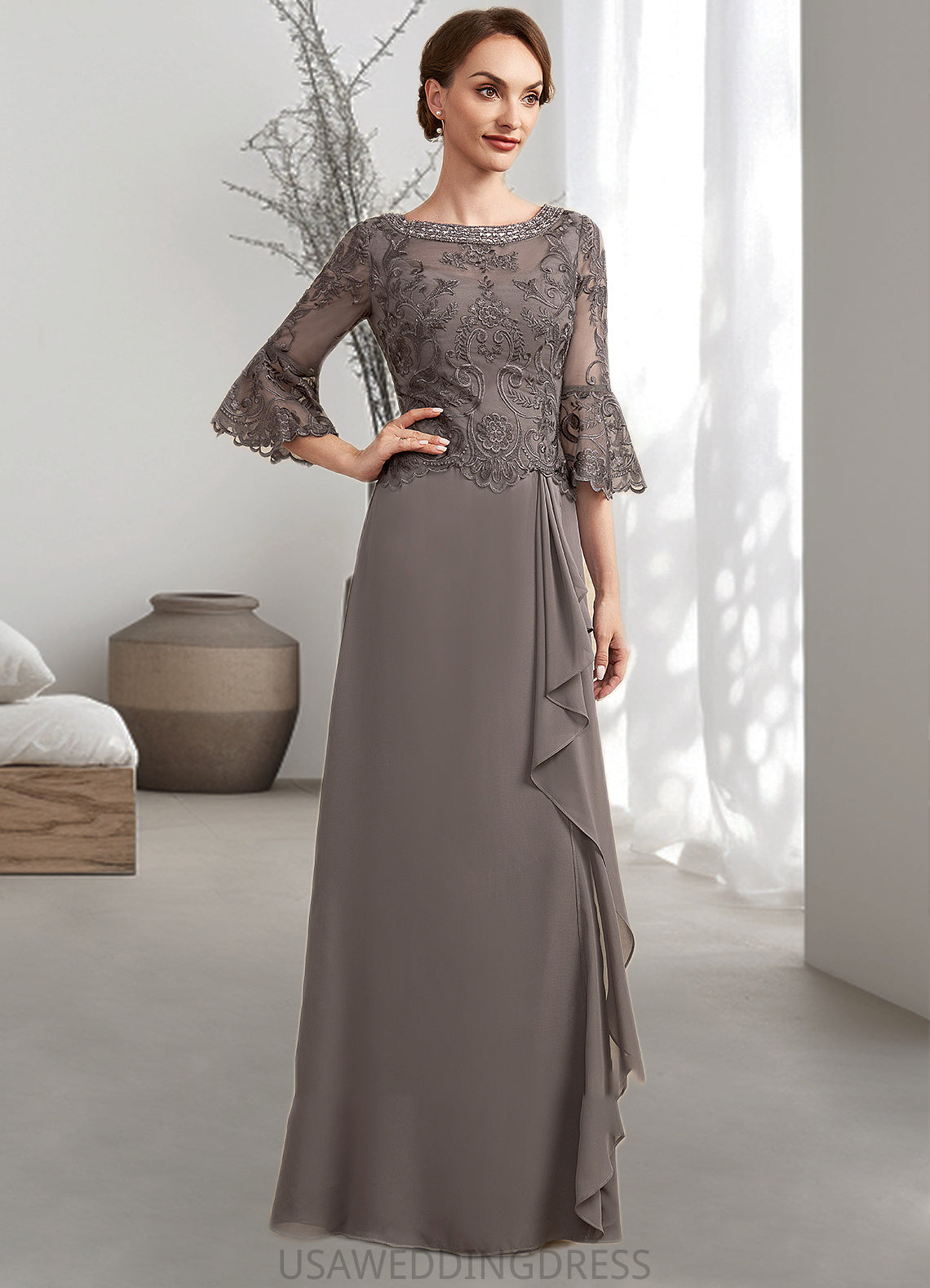 Alma A-Line Scoop Neck Floor-Length Chiffon Lace Mother of the Bride Dress With Beading Cascading Ruffles DS126P0014797
