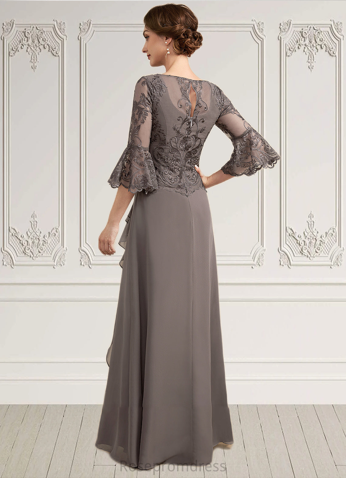 Hazel A-Line Scoop Neck Floor-Length Chiffon Lace Mother of the Bride Dress With Beading Cascading Ruffles SRS126P0014797