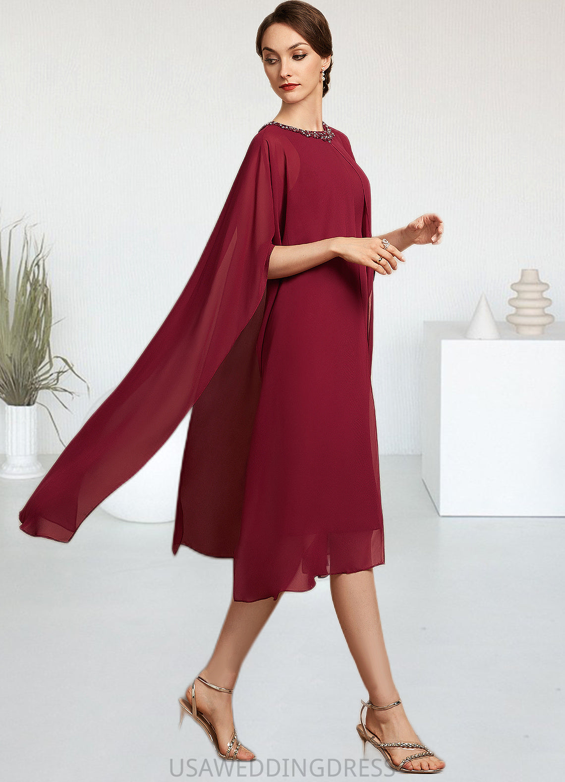 Samantha A-Line Scoop Neck Knee-Length Chiffon Mother of the Bride Dress With Beading Sequins DS126P0014798