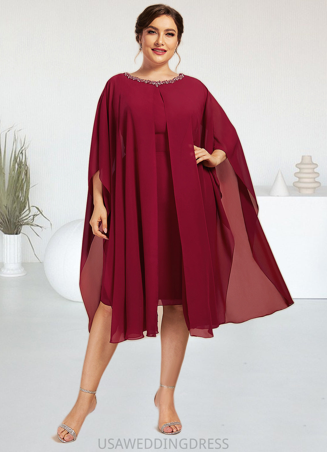 Samantha A-Line Scoop Neck Knee-Length Chiffon Mother of the Bride Dress With Beading Sequins DS126P0014798