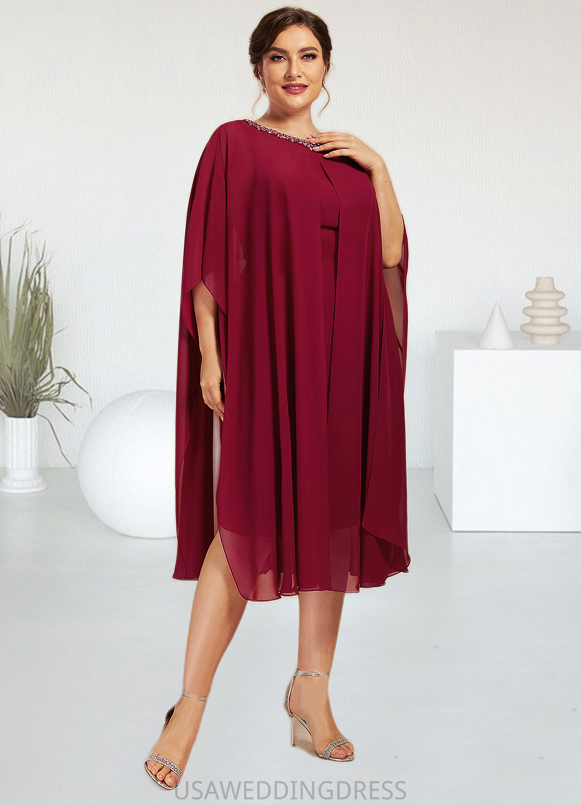 Samantha A-Line Scoop Neck Knee-Length Chiffon Mother of the Bride Dress With Beading Sequins DS126P0014798