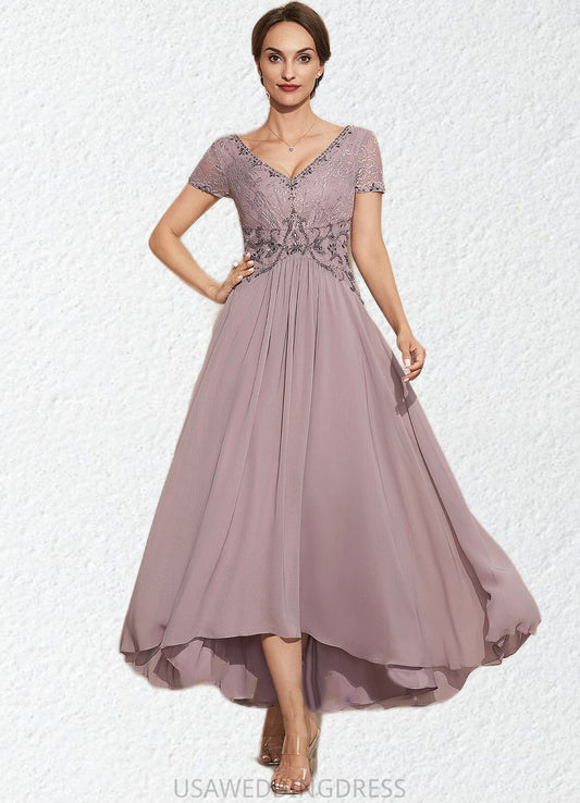 Allison A-Line V-neck Asymmetrical Chiffon Lace Mother of the Bride Dress With Beading DS126P0014799