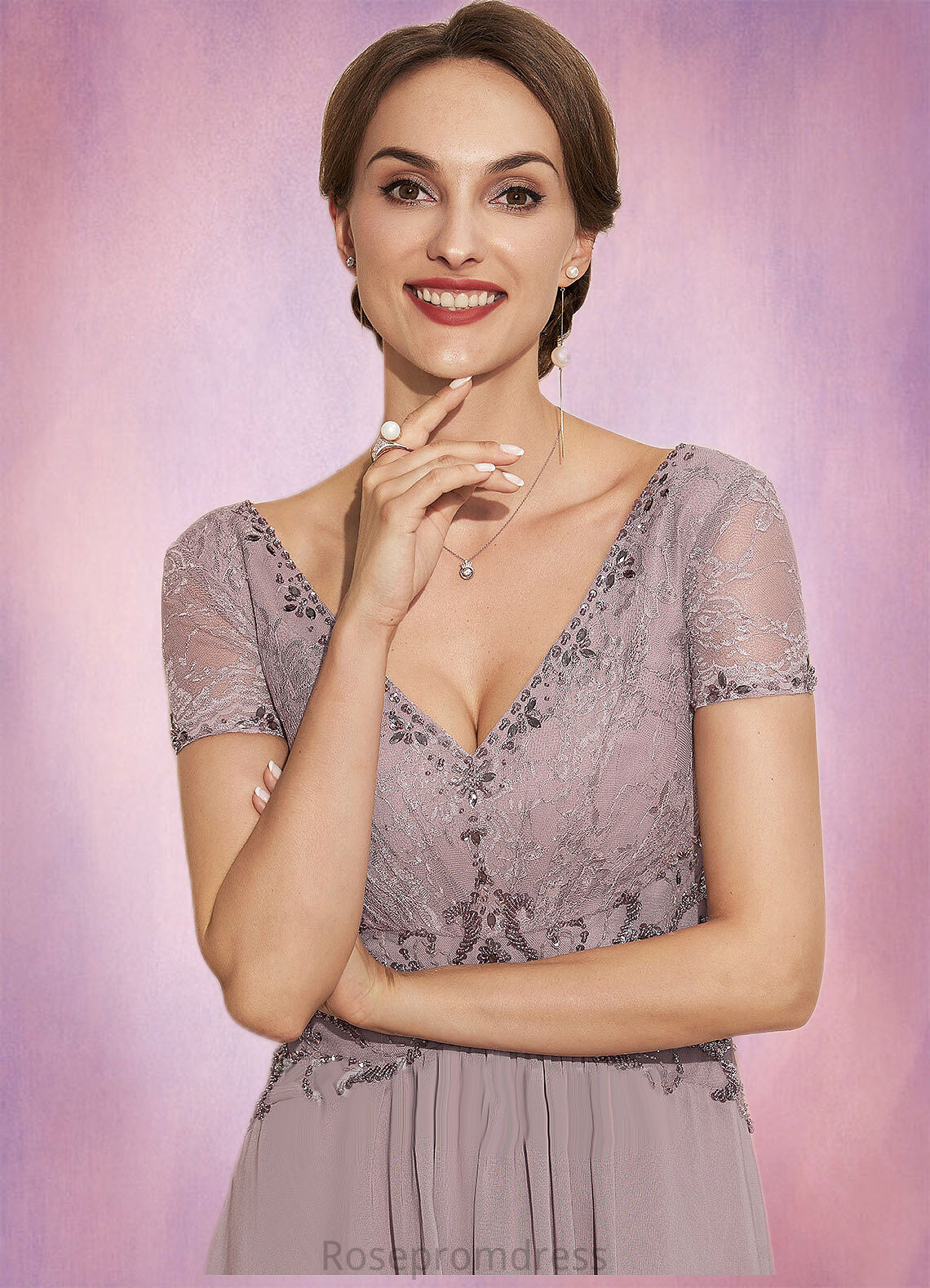 Laylah A-Line V-neck Asymmetrical Chiffon Lace Mother of the Bride Dress With Beading SRS126P0014799