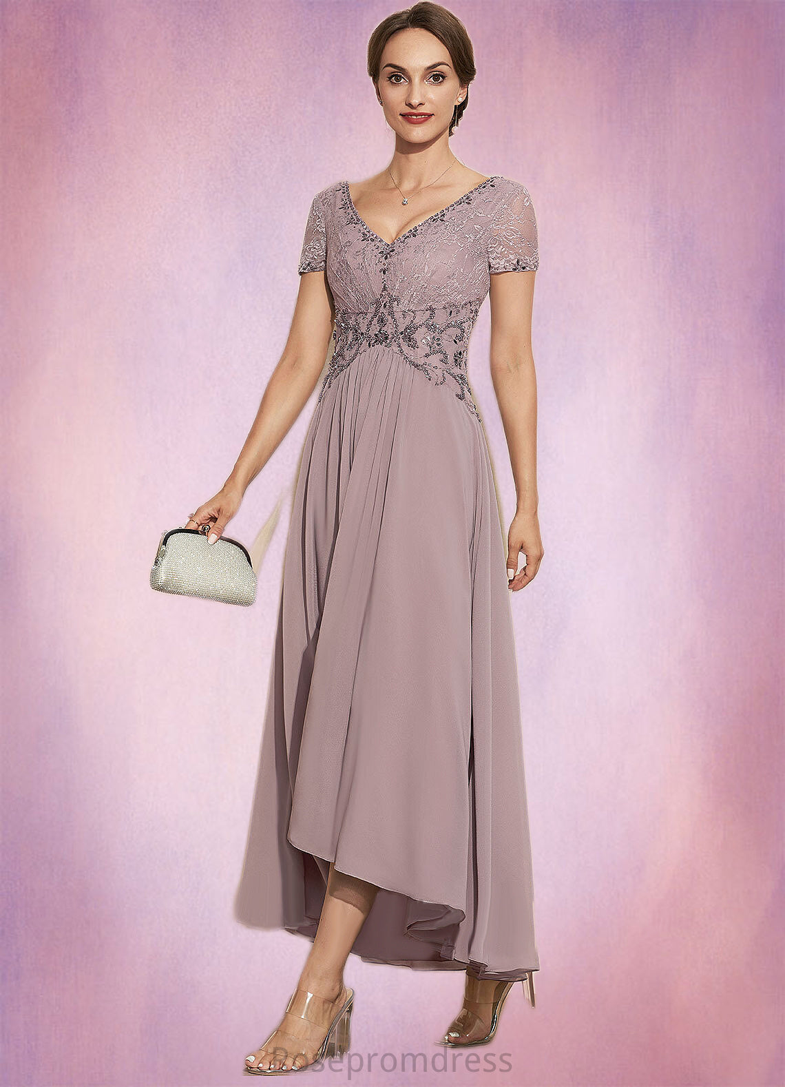 Laylah A-Line V-neck Asymmetrical Chiffon Lace Mother of the Bride Dress With Beading SRS126P0014799
