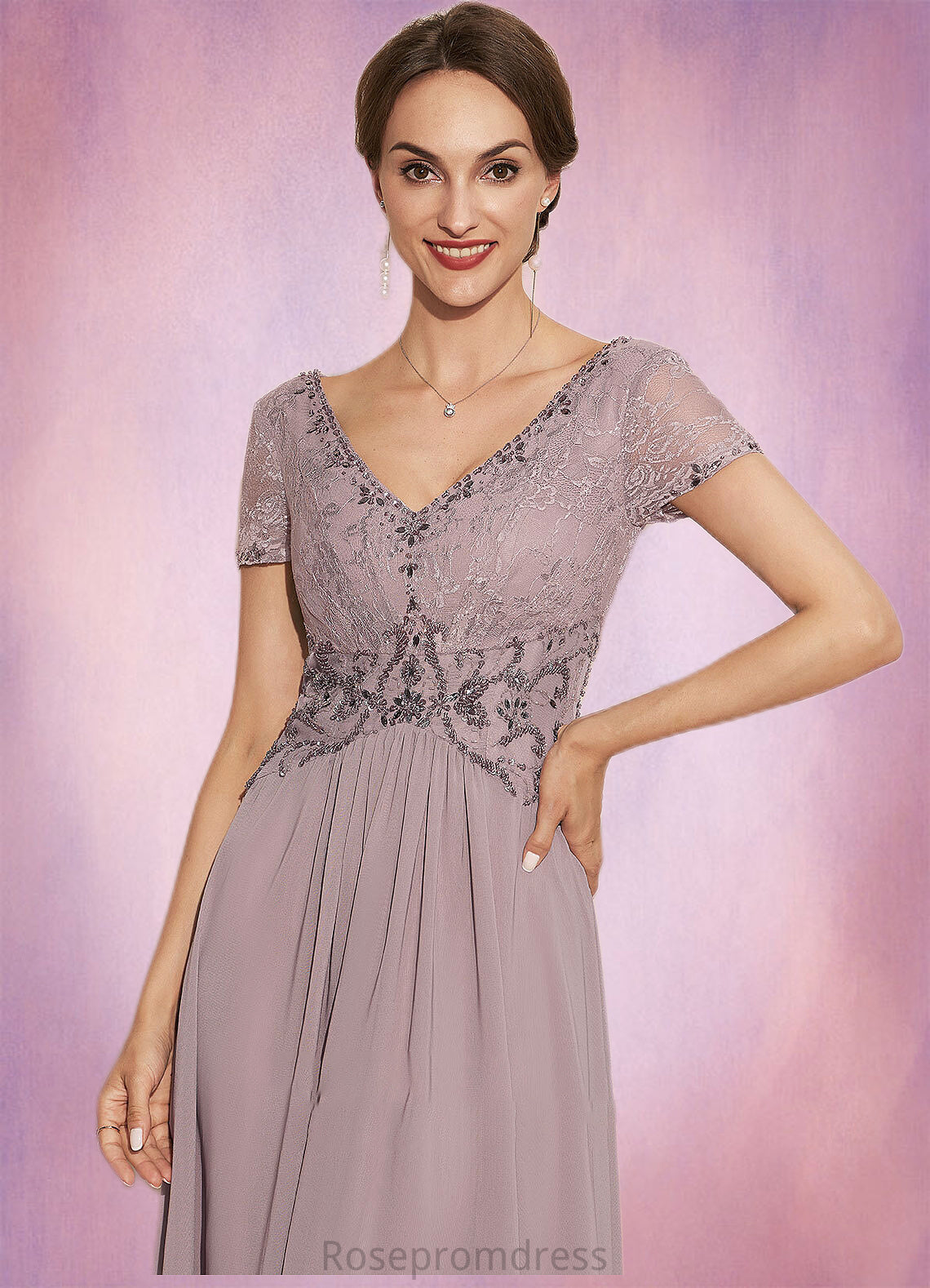Laylah A-Line V-neck Asymmetrical Chiffon Lace Mother of the Bride Dress With Beading SRS126P0014799