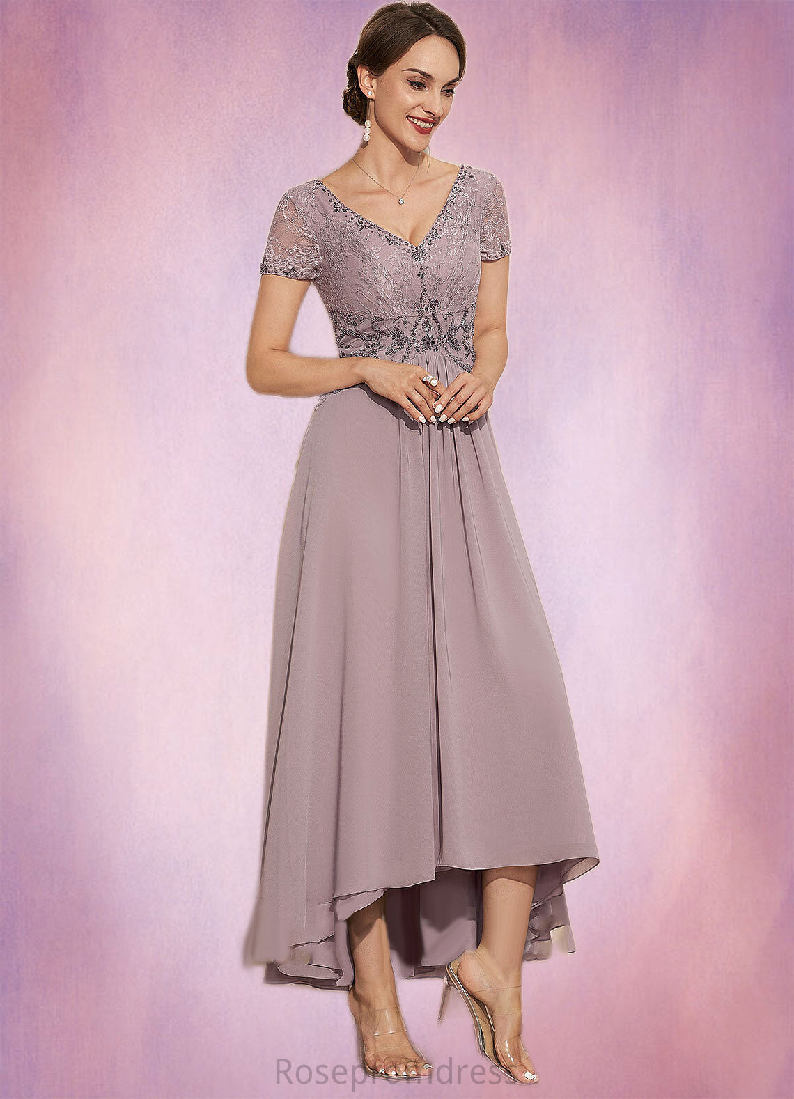 Laylah A-Line V-neck Asymmetrical Chiffon Lace Mother of the Bride Dress With Beading SRS126P0014799